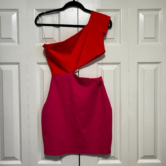 FORE Bright Pink/Orange One Shoulder Cut Out Waist Mini Dress New with Tags - Picture 2 of 8